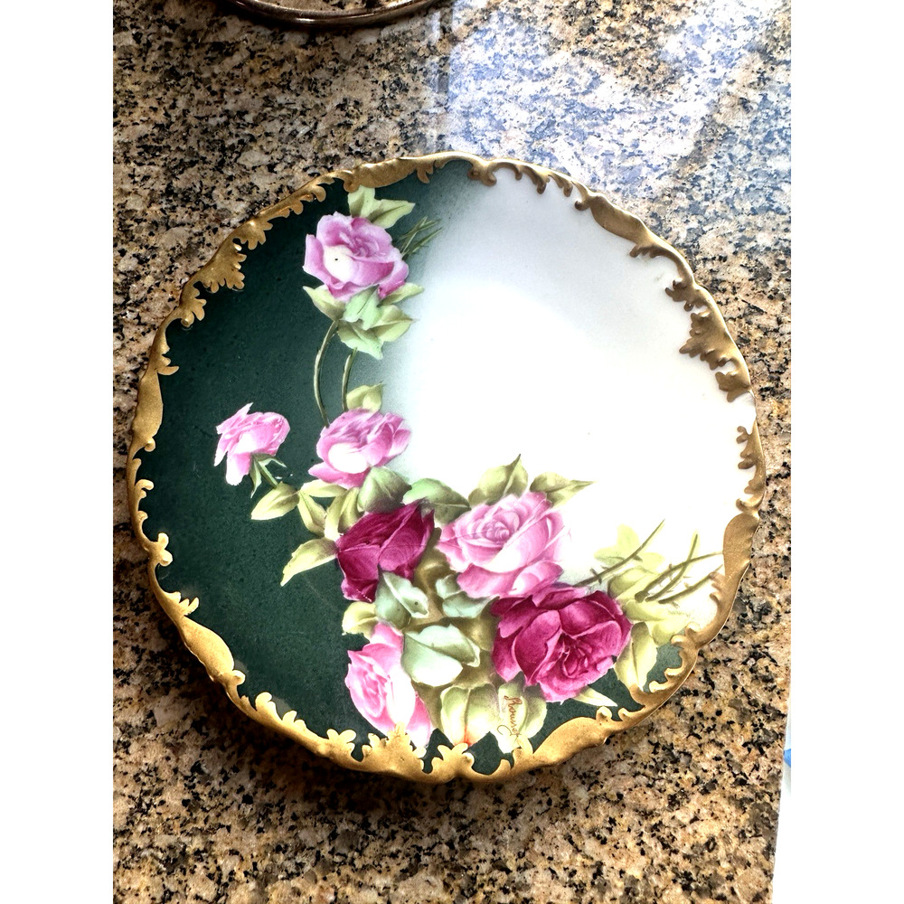 Chipped Vintage T&V Limoges Rose Artist Signed Plate Green White Gold Pink Plate